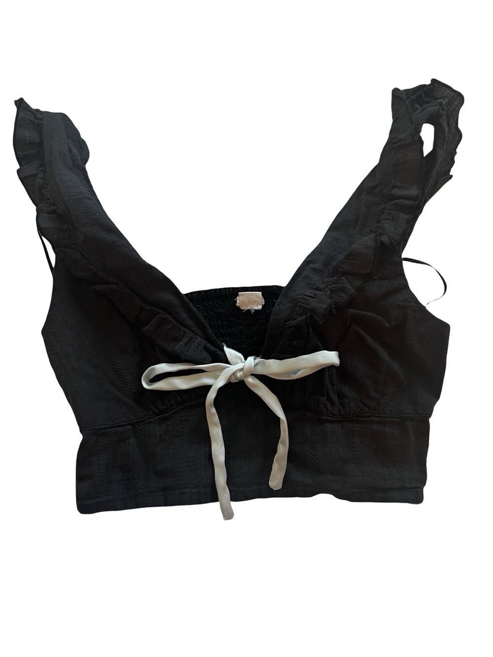 Kimchi Blue Black Ruffle Tie-Front Crop Top with White Tie